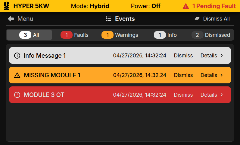 HYPER™ GUI dashboard events screen